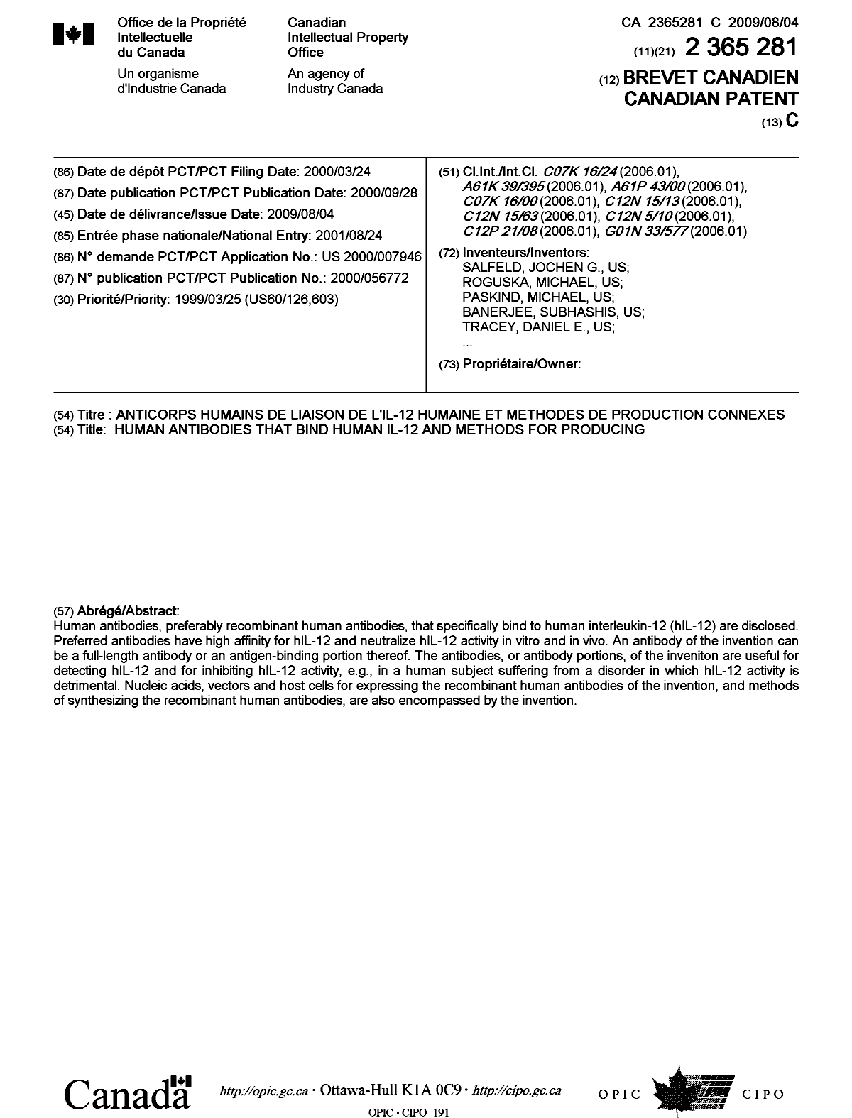 Canadian Patent Document 2365281. Cover Page 20081207. Image 1 of 2