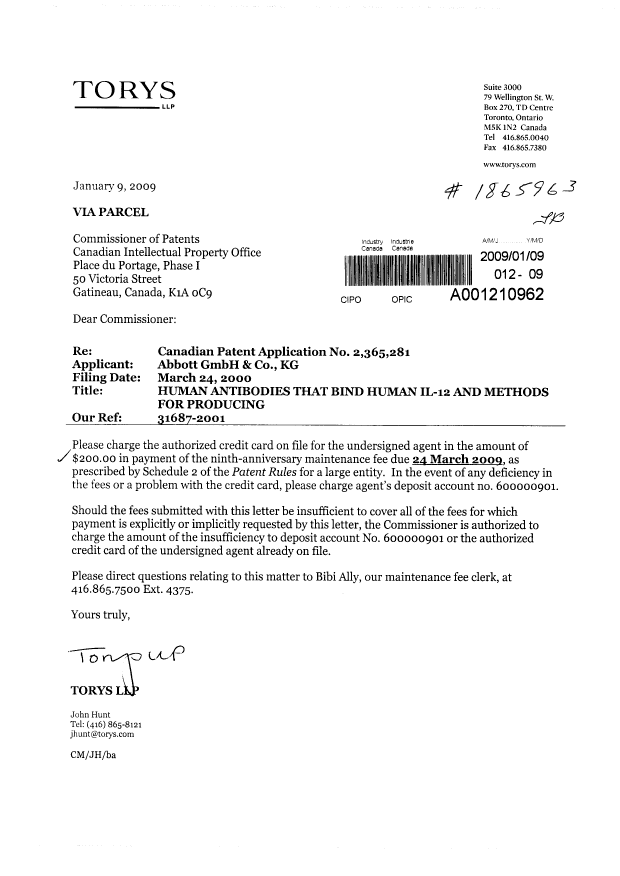 Document de brevet canadien 2365281. Taxes 20081209. Image 1 de 1