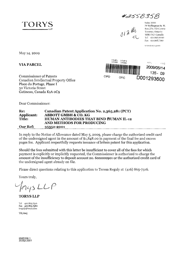 Canadian Patent Document 2365281. Correspondence 20081214. Image 1 of 1