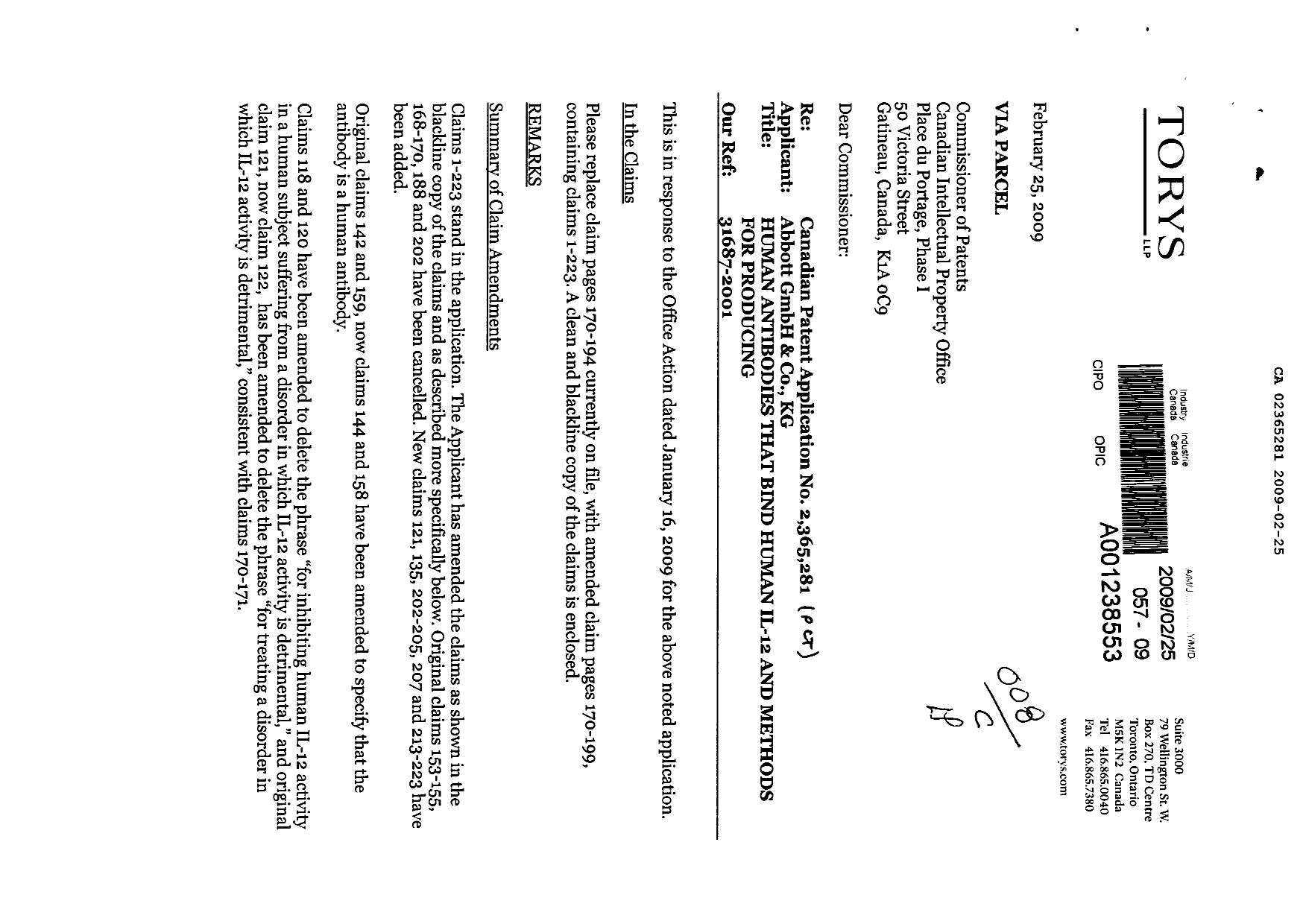 Canadian Patent Document 2365281. Prosecution-Amendment 20081225. Image 1 of 69
