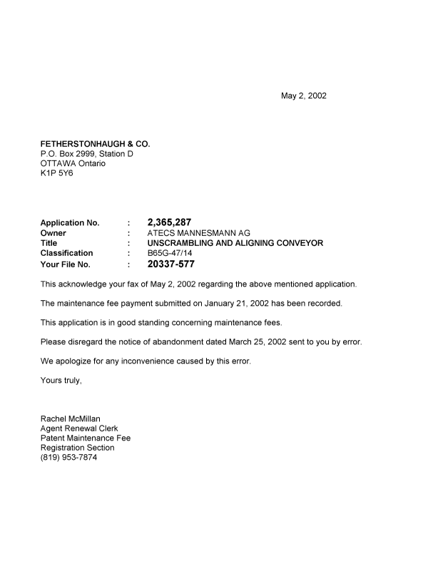 Document de brevet canadien 2365287. Correspondance 20020502. Image 1 de 1