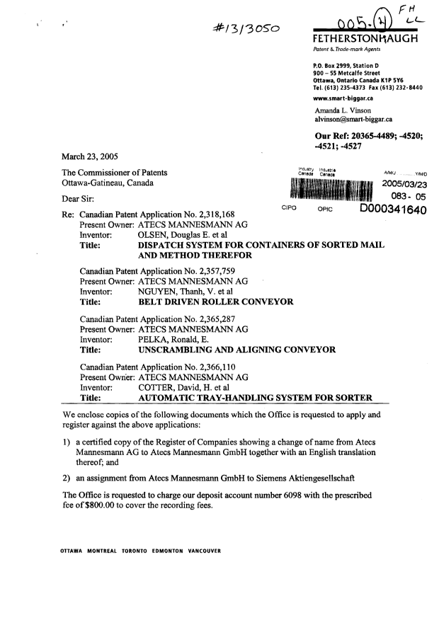Document de brevet canadien 2365287. Cession 20050323. Image 1 de 11