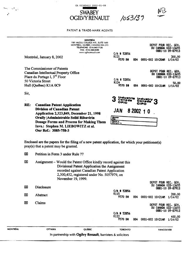 Document de brevet canadien 2365412. Cession 20020108. Image 1 de 4