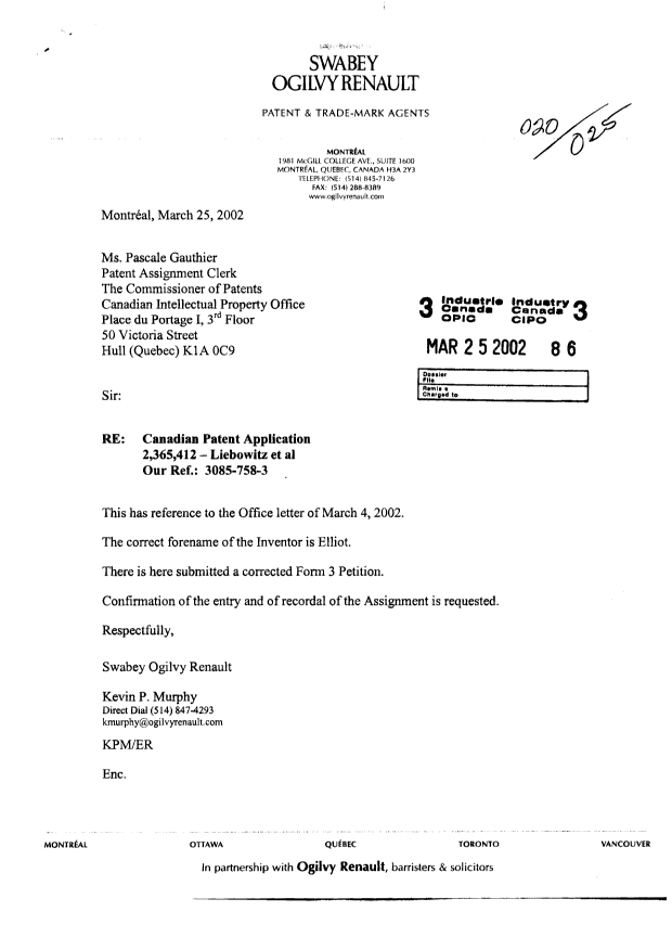 Document de brevet canadien 2365412. Cession 20020325. Image 1 de 1