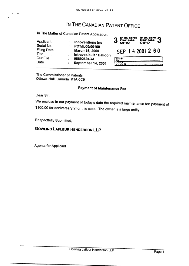 Document de brevet canadien 2365447. Taxes 20001214. Image 1 de 1