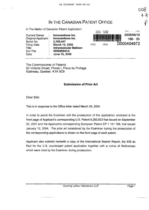 Canadian Patent Document 2365447. Prosecution-Amendment 20041216. Image 1 of 2