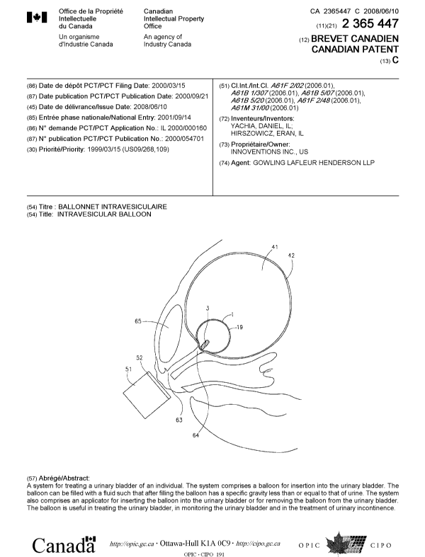 Canadian Patent Document 2365447. Cover Page 20071213. Image 1 of 1