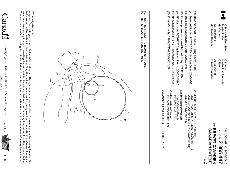Document de brevet canadien 2365447. Page couverture 20071213. Image 1 de 1