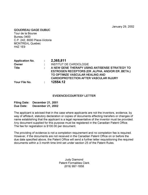 Canadian Patent Document 2365811. Correspondence 20011224. Image 1 of 1