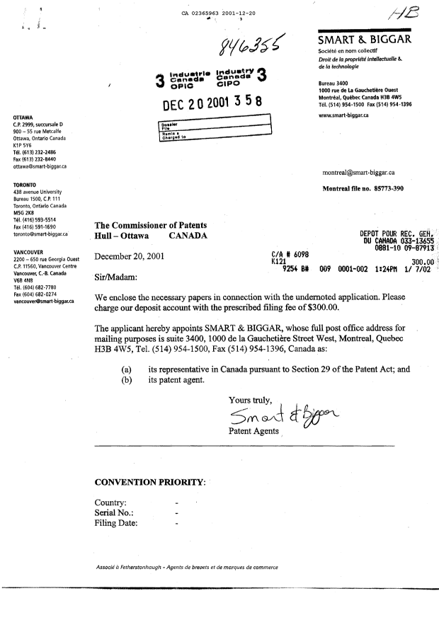 Document de brevet canadien 2365963. Cession 20011220. Image 1 de 3