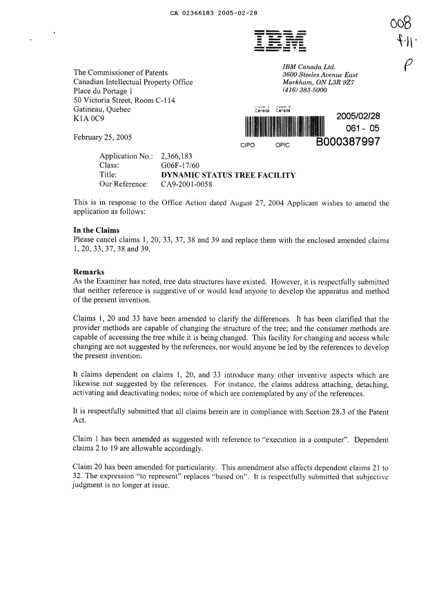 Canadian Patent Document 2366183. Prosecution-Amendment 20041228. Image 1 of 6
