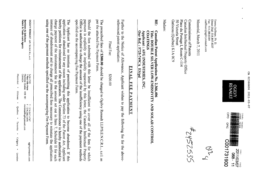 Canadian Patent Document 2366406. Correspondence 20110307. Image 1 of 2