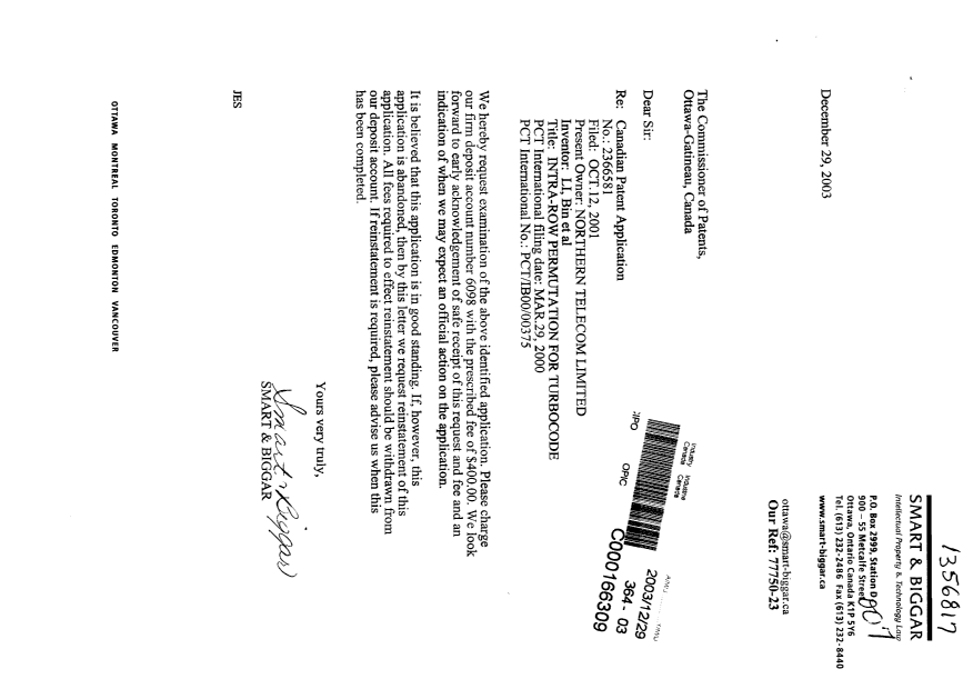 Canadian Patent Document 2366581. Prosecution-Amendment 20031229. Image 1 of 1