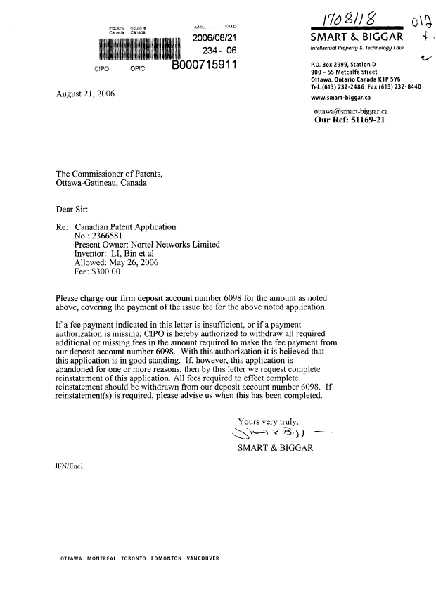 Canadian Patent Document 2366581. Correspondence 20060821. Image 1 of 1
