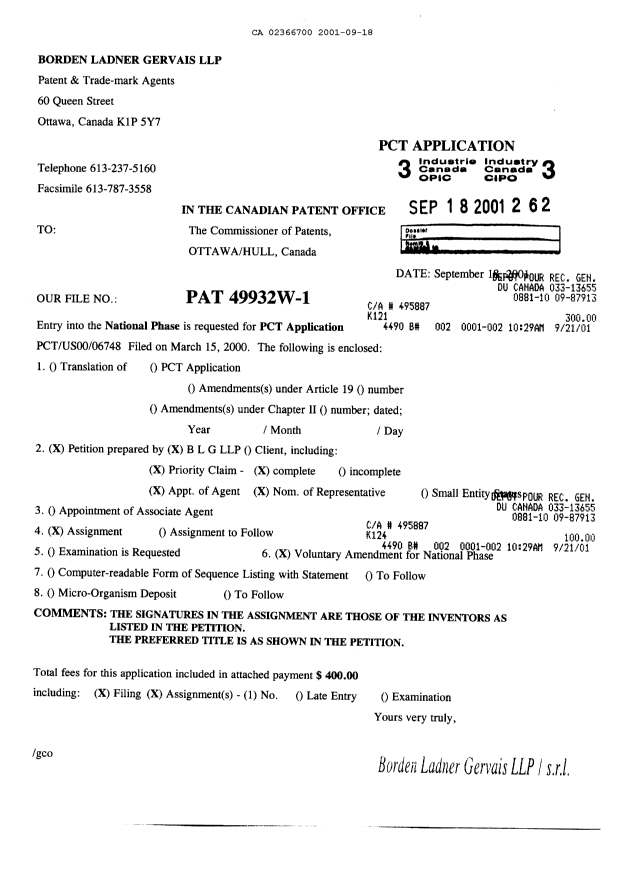Document de brevet canadien 2366700. Cession 20010918. Image 1 de 10