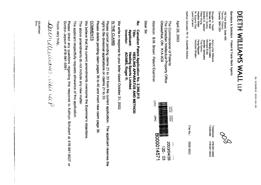 Canadian Patent Document 2366815. Prosecution-Amendment 20030429. Image 1 of 2