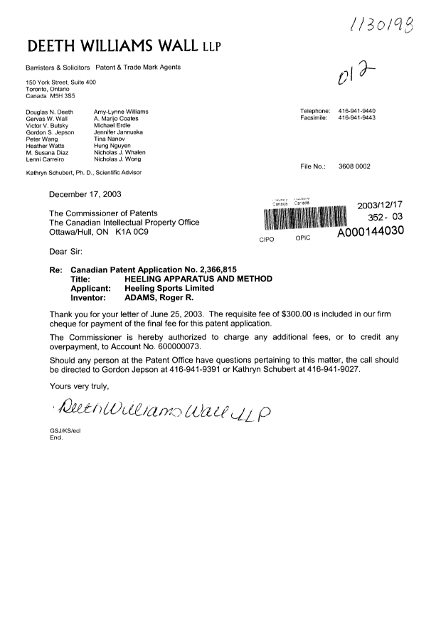 Canadian Patent Document 2366815. Correspondence 20031217. Image 1 of 1
