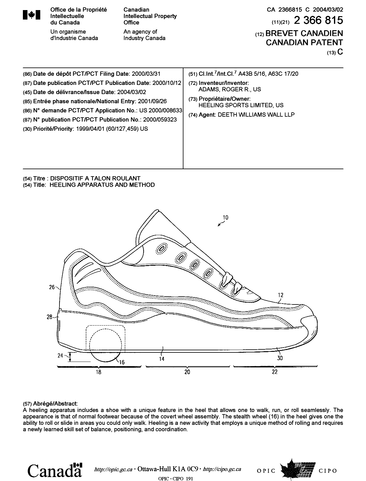Canadian Patent Document 2366815. Cover Page 20040203. Image 1 of 1