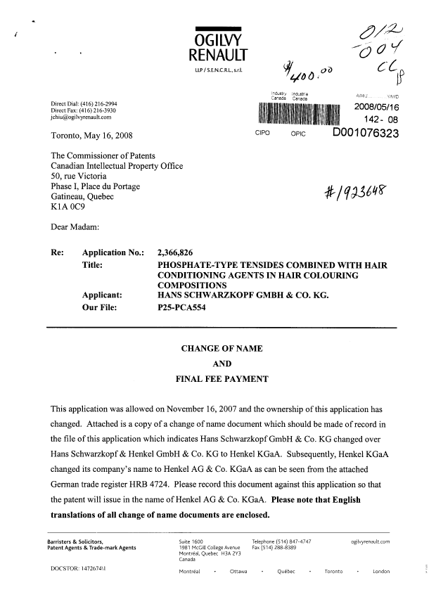 Canadian Patent Document 2366826. Correspondence 20071216. Image 1 of 2