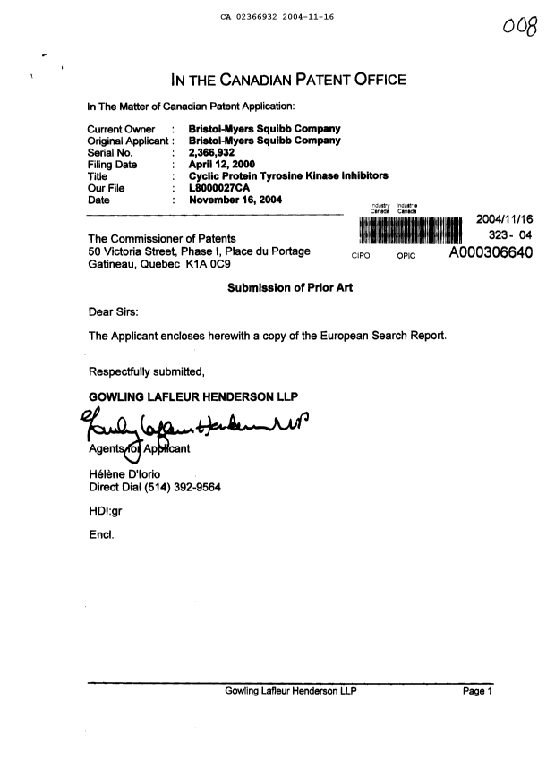 Canadian Patent Document 2366932. Prosecution-Amendment 20031216. Image 1 of 1