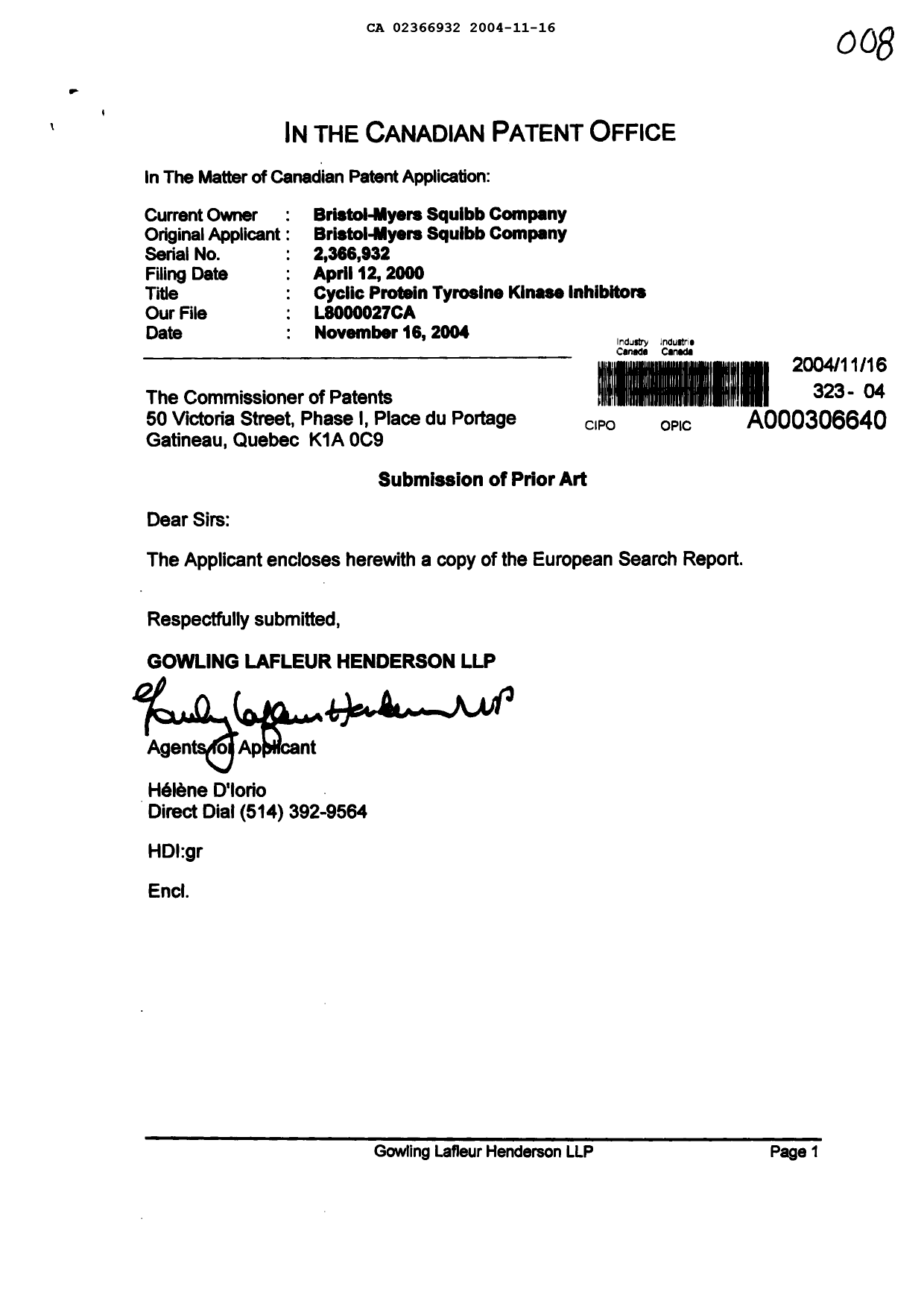 Canadian Patent Document 2366932. Prosecution-Amendment 20031216. Image 1 of 1