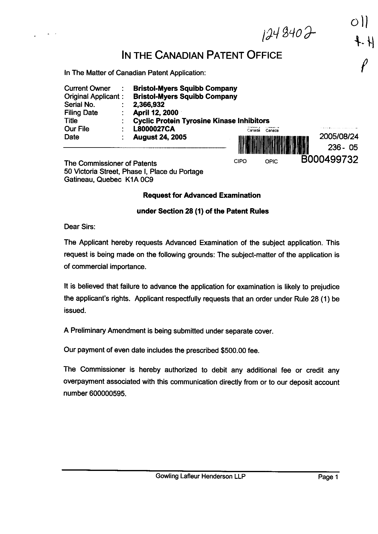 Canadian Patent Document 2366932. Prosecution-Amendment 20041224. Image 1 of 2
