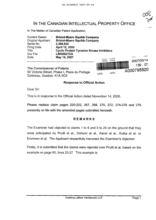 Canadian Patent Document 2366932. Prosecution-Amendment 20061214. Image 1 of 17