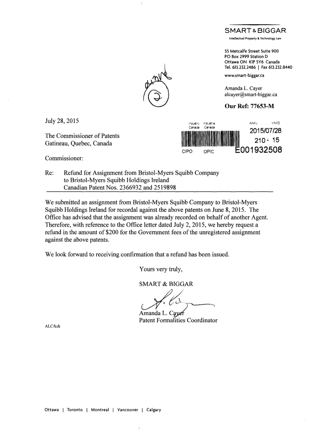 Canadian Patent Document 2366932. Correspondence 20141228. Image 1 of 1