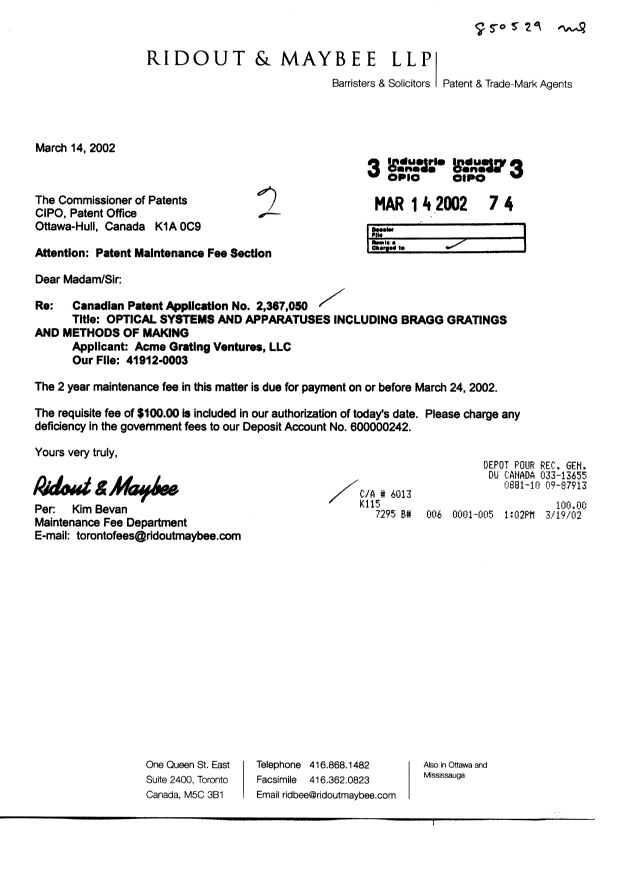Document de brevet canadien 2367050. Taxes 20020314. Image 1 de 1