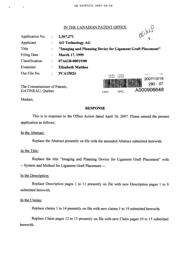 Canadian Patent Document 2367271. Prosecution-Amendment 20061216. Image 1 of 20