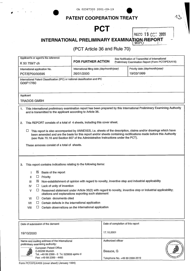 Document de brevet canadien 2367320. PCT 20010919. Image 1 de 4