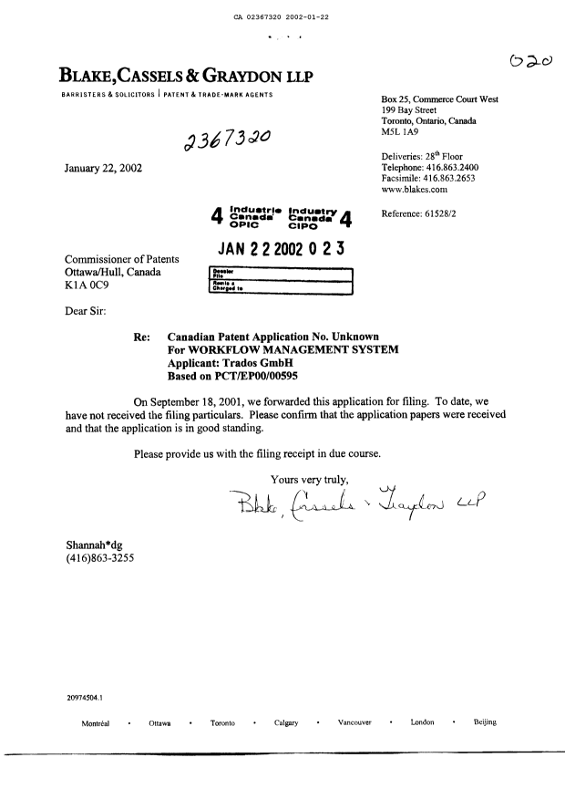 Document de brevet canadien 2367320. Correspondance 20020122. Image 1 de 1