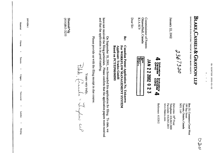 Canadian Patent Document 2367320. Correspondence 20020122. Image 1 of 1