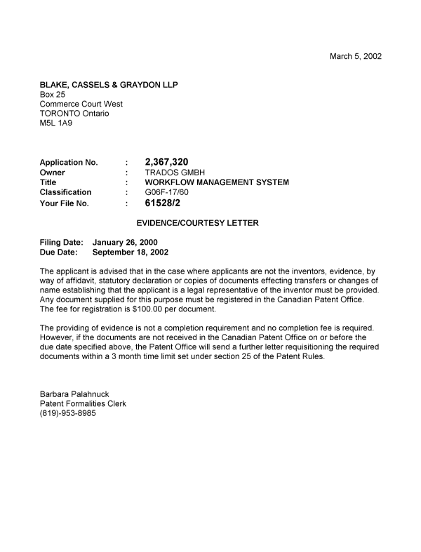 Document de brevet canadien 2367320. Correspondance 20020227. Image 1 de 1
