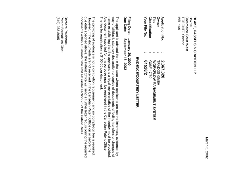 Canadian Patent Document 2367320. Correspondence 20020227. Image 1 of 1
