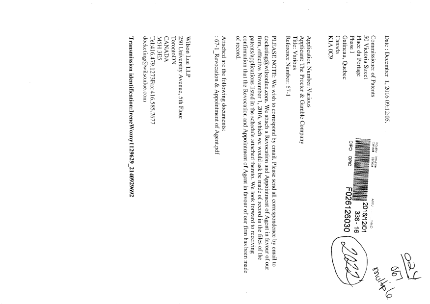Document de brevet canadien 2367415. Correspondance 20151201. Image 1 de 3