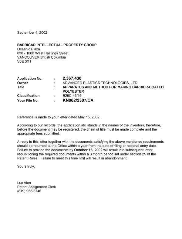 Canadian Patent Document 2367430. Correspondence 20020904. Image 1 of 1