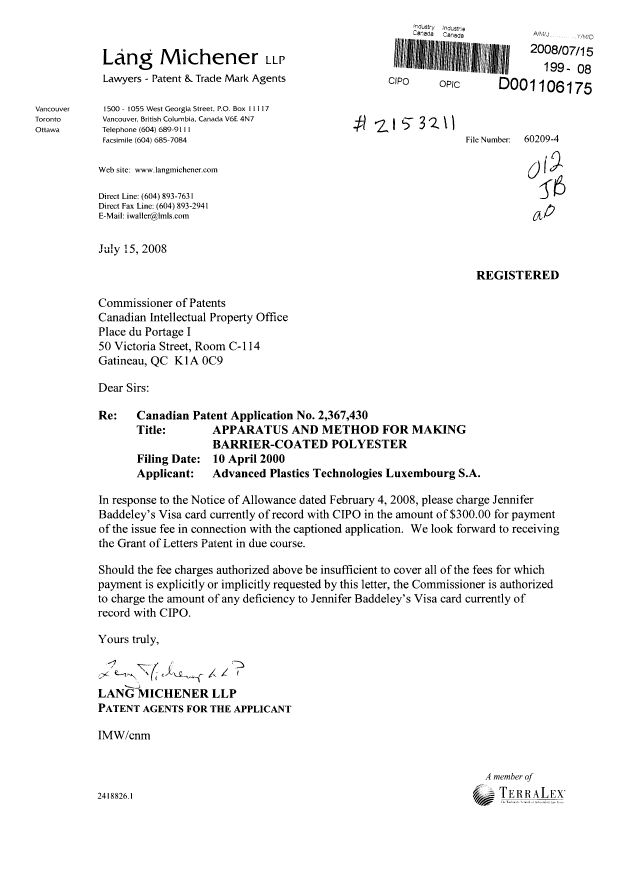 Document de brevet canadien 2367430. Correspondance 20080715. Image 1 de 1