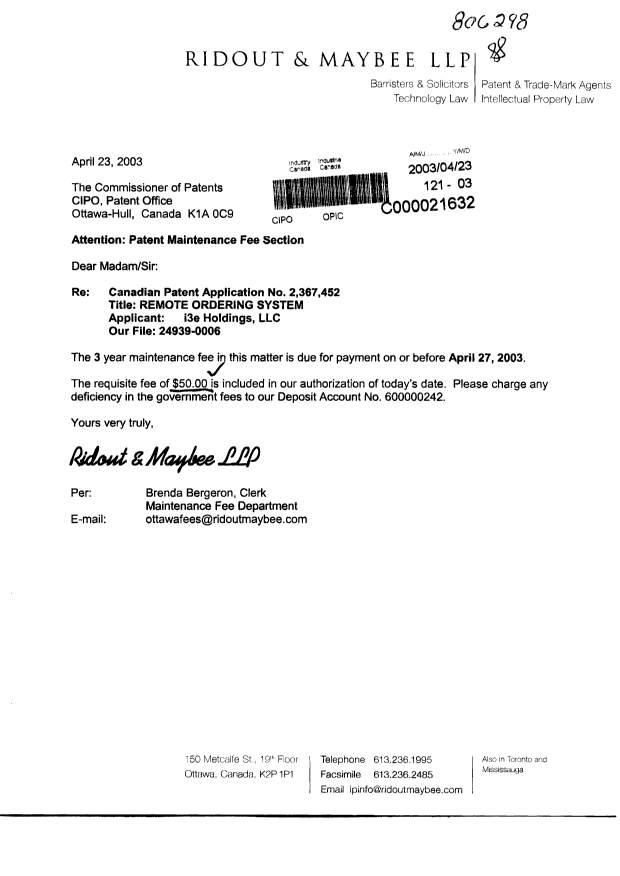 Document de brevet canadien 2367452. Taxes 20030423. Image 1 de 1