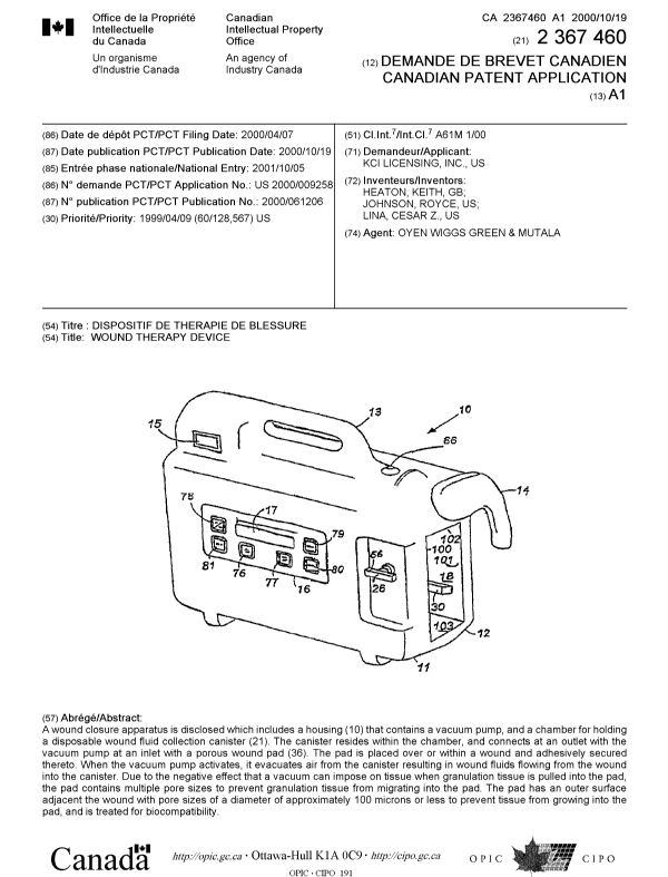 Canadian Patent Document 2367460. Cover Page 20011225. Image 1 of 1