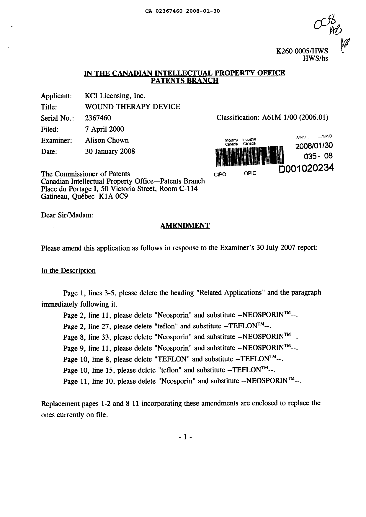 Canadian Patent Document 2367460. Prosecution-Amendment 20071230. Image 1 of 10