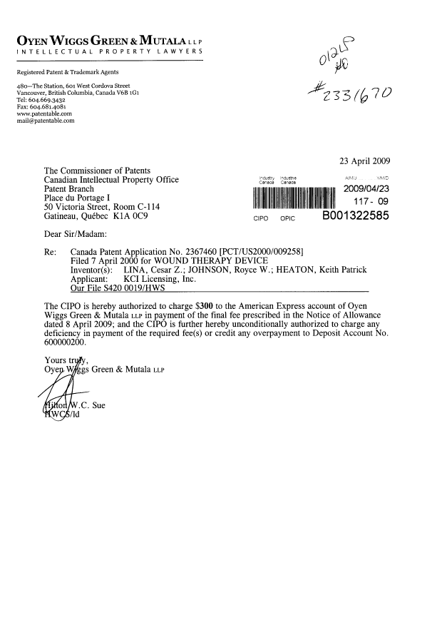 Canadian Patent Document 2367460. Correspondence 20081223. Image 1 of 1