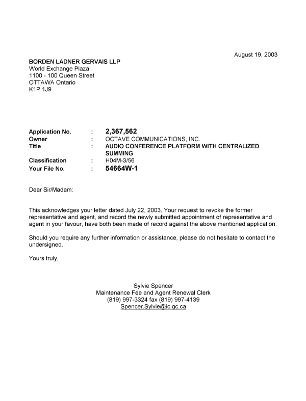 Document de brevet canadien 2367562. Correspondance 20030819. Image 1 de 1