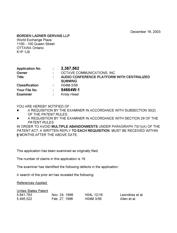 Document de brevet canadien 2367562. Poursuite-Amendment 20031218. Image 1 de 5