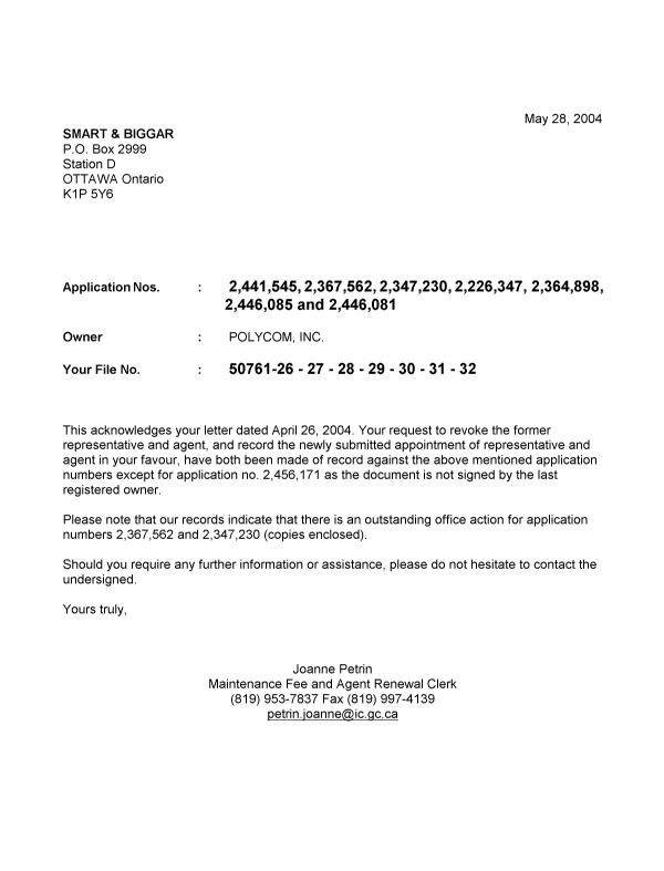 Document de brevet canadien 2367562. Correspondance 20040528. Image 1 de 1