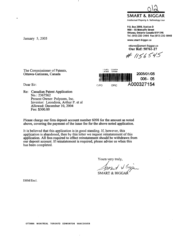 Document de brevet canadien 2367562. Correspondance 20050105. Image 1 de 1