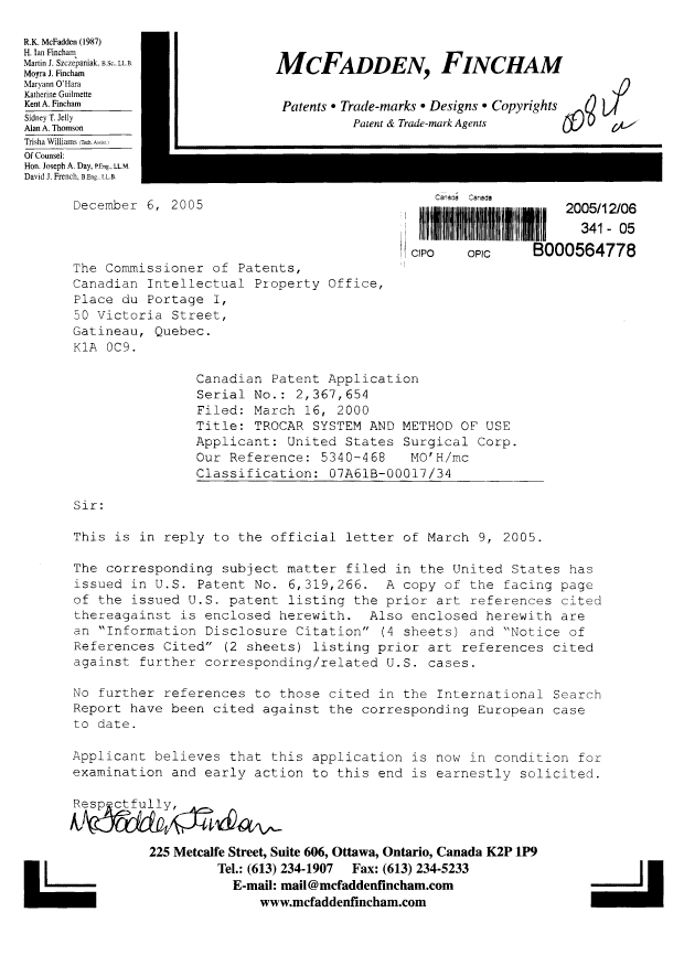 Document de brevet canadien 2367654. Poursuite-Amendment 20051206. Image 1 de 1