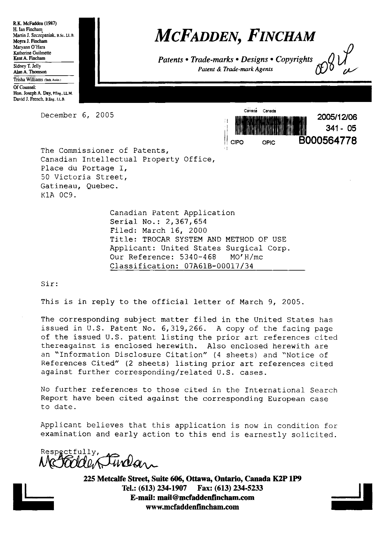 Canadian Patent Document 2367654. Prosecution-Amendment 20051206. Image 1 of 1