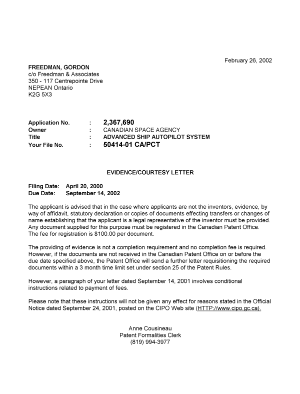 Canadian Patent Document 2367690. Correspondence 20011222. Image 1 of 1