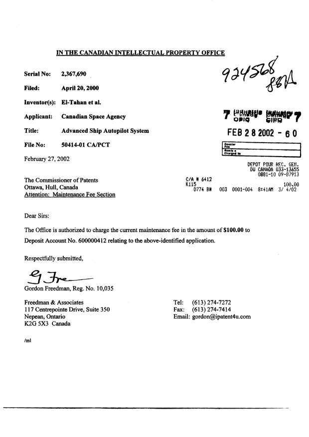 Document de brevet canadien 2367690. Taxes 20011228. Image 1 de 1